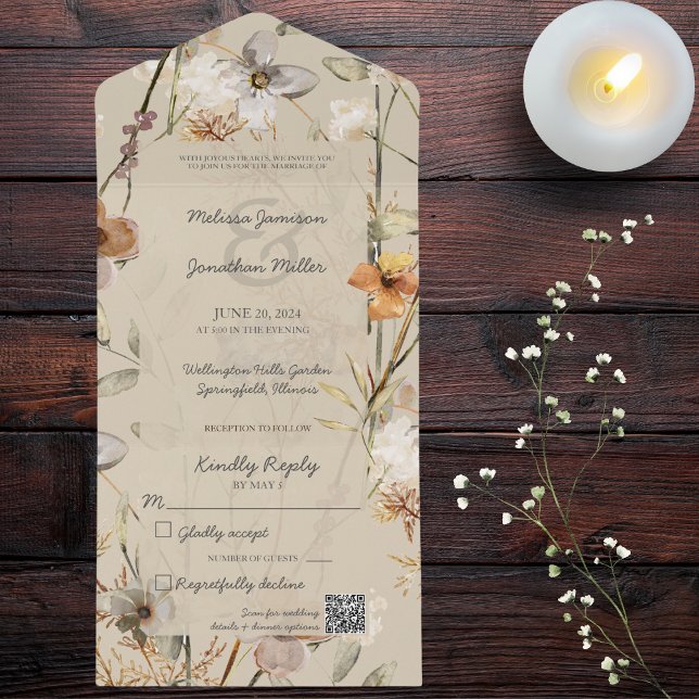 Invitation Tout En Un Fleurs sauvages en beige avec code QR (Créateur téléchargé)