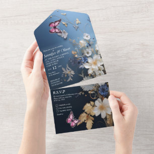 Invitation Tout En Un Fleurs soies blanches et bleu clair sur bleu foncé