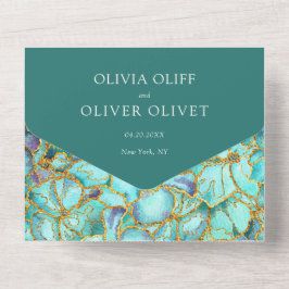 Invitation Tout En Un Fleurs turquoises Photo Mariage Tout en un Invitat