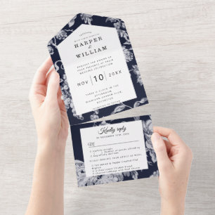 Invitation Tout En Un Fleurs vintages sur mariage bleu marine