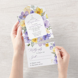 Invitation Tout En Un Fleurs violettes, Fleurs jaunes, Bohème, Confirmat
