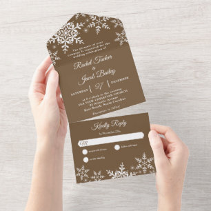 Invitation Tout En Un Flocons de neige élégants Noël Hiver Mariage Brun
