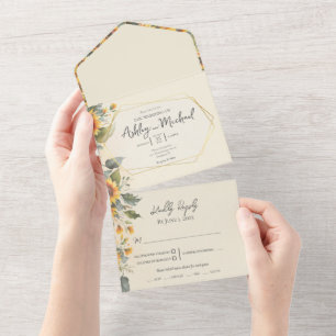 Invitation Tout En Un Floral Aquarelle tournesol or Mariage géométrique