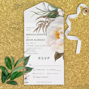 Invitation Tout En Un Floral aux pivoines blanches modernes lors d'un dî