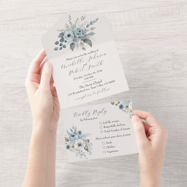 Invitation Tout En Un Floral bleu d'hiver (Déchirure)