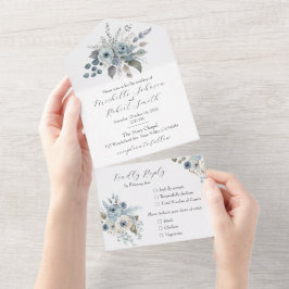 Invitation Tout En Un Floral bleu d'hiver