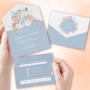 Invitation Tout En Un Floral bleu et rose rose et pivoine