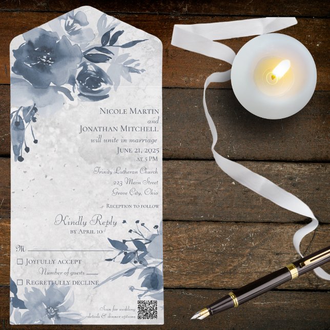 Invitation Tout En Un Floral bleu sur blanc détendu avec code QR (Créateur téléchargé)