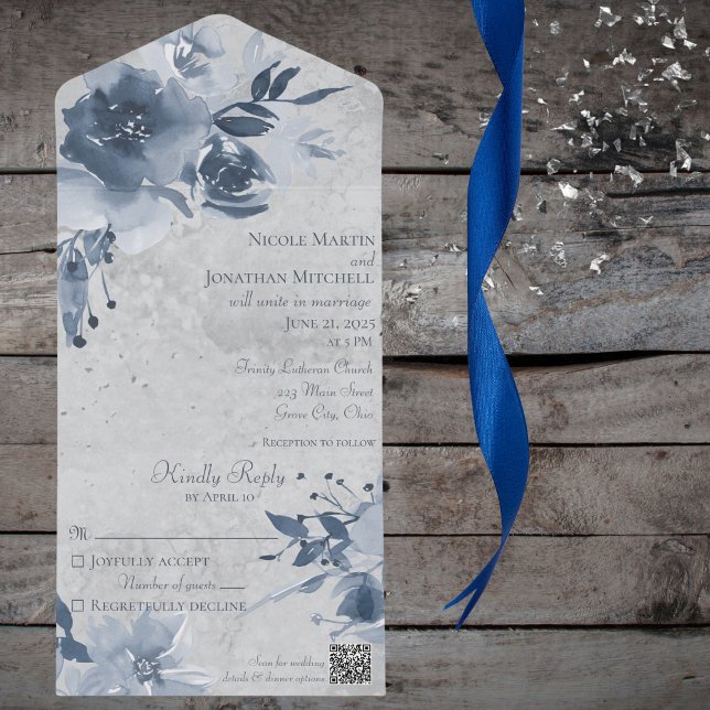 Invitation Tout En Un Floral bleu sur gris pâle désossé avec code QR (Créateur téléchargé)