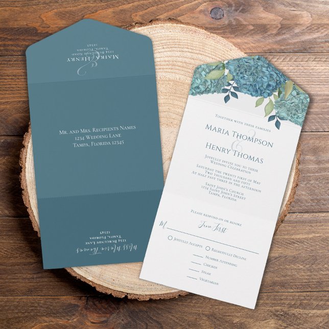 Invitation Tout En Un Floral Blue Hydrangea Destinataires invités Noms (Classic Blue Hydrangea meal choice tri fold invitation)