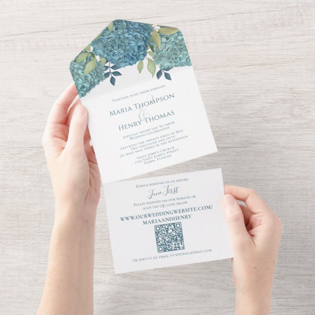 Invitation Tout En Un Floral Blue Hydrangea QR Code Invité Adressé (Déchirure)