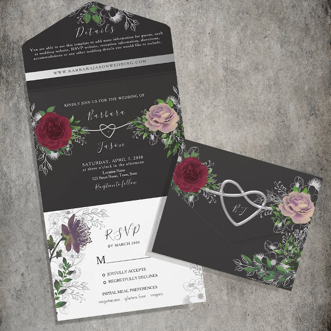 Invitation Tout En Un Floral Boho noir et blanc Mariage (Créateur téléchargé)