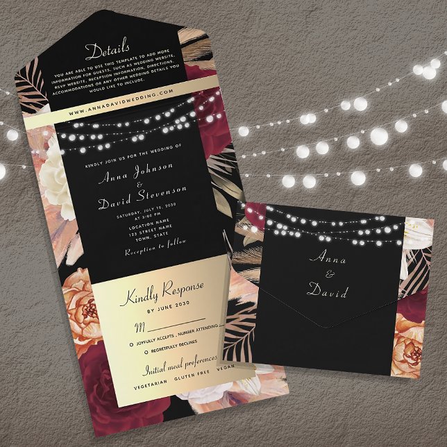 Invitation Tout En Un Floral Bourgogne et Mariage gothique noir (Créateur téléchargé)