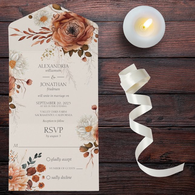 Invitation Tout En Un Floral d'automne rustique sur beige (Also available with dinner options or QR code. )