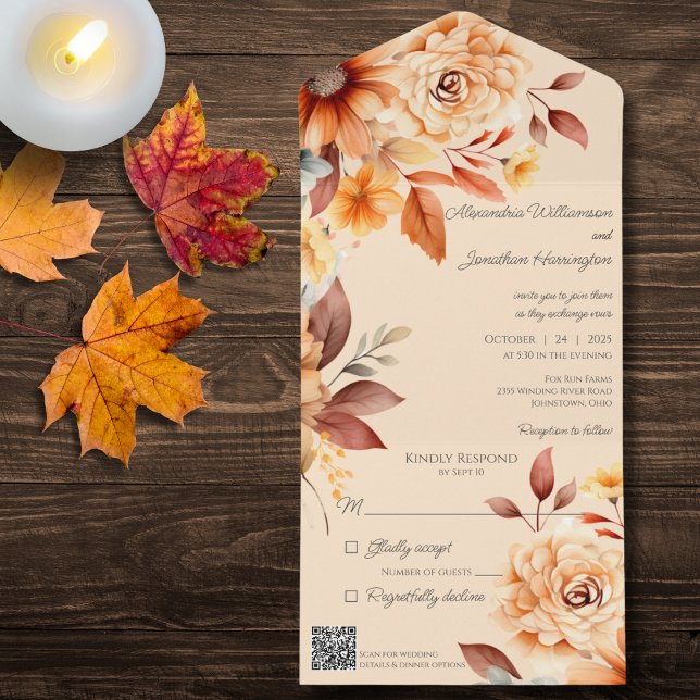 Invitation Tout En Un Floral d'automne sur Tan avec code QR (Créateur téléchargé)