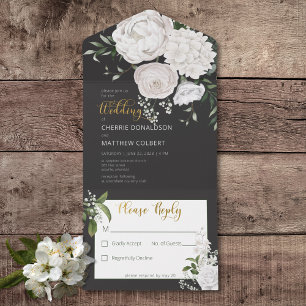 Invitation Tout En Un Floral de pivoines blanches rustiques sur noir Pas