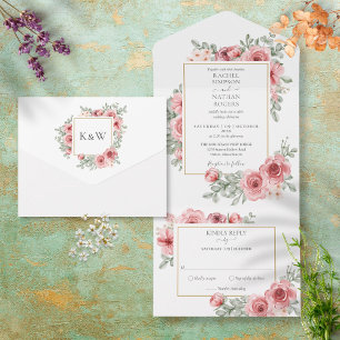 Invitation Tout En Un Floral Dusty Rose or Mariage géométrique