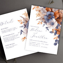 Invitation Tout en un Floral Élégant Dusty Blue Rust Mariage