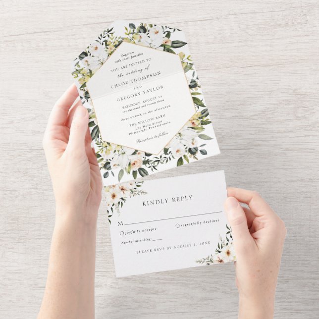 Invitation Tout En Un Floral Elegant Magnolia et Mariage de verdure (Déchirure)