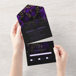 Invitation Tout En Un Floral gothique violet Mariage foncé