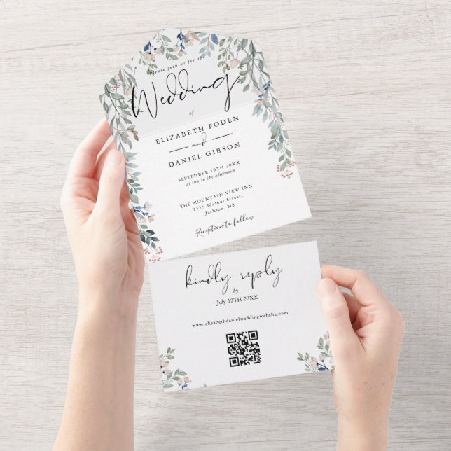 Invitation Tout En Un Floral Green Élégant Script QR Code Mariage (Déchirure)