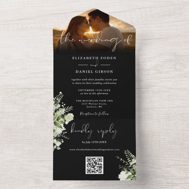 Invitation Tout En Un Floral Greenery QR Code Script Mariage Photo (À l'intérieur)