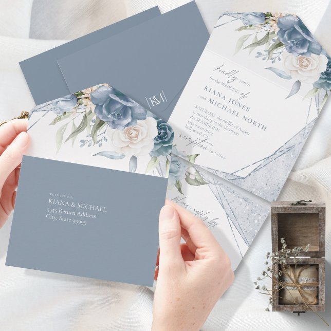 Invitation Tout En Un Floral Mariage Dusty Blue ID889 (Créateur téléchargé)