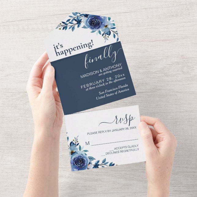 Invitation Tout En Un Floral Navy Blue Mariage élégant (Déchirure)