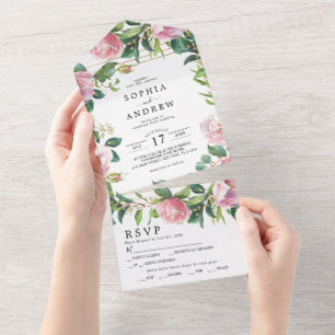 Invitation Tout En Un Floral rose et Mariage vert