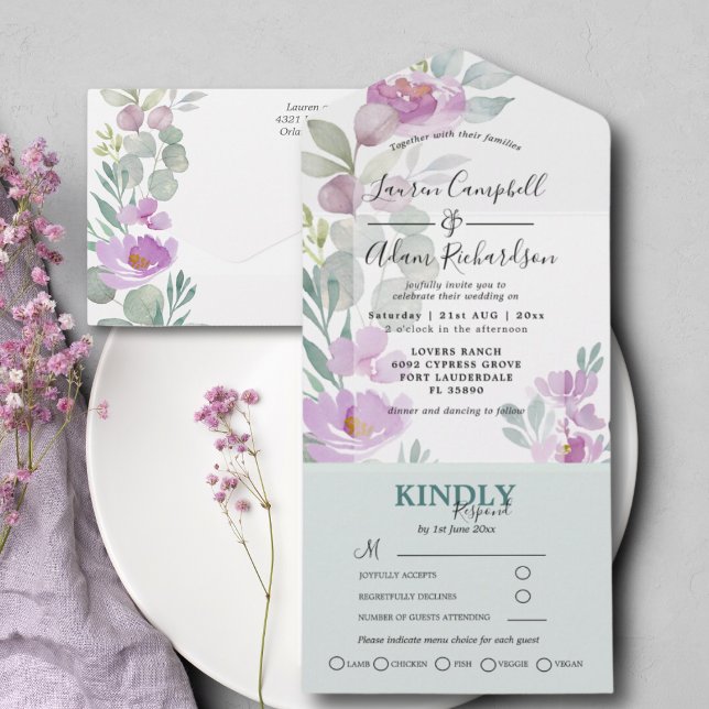 Invitation Tout En Un Floral rose moderne et Mariage Eucalyptus (Créateur téléchargé)