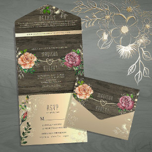 Invitation Tout En Un Floral Rustic Mariage en bois de grange