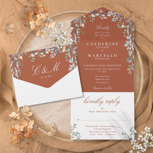Invitation Tout En Un Floral verdure Cascade Terracotta Mariage (Floral Greenery Cascade Terracotta Wedding All In One Invitation)