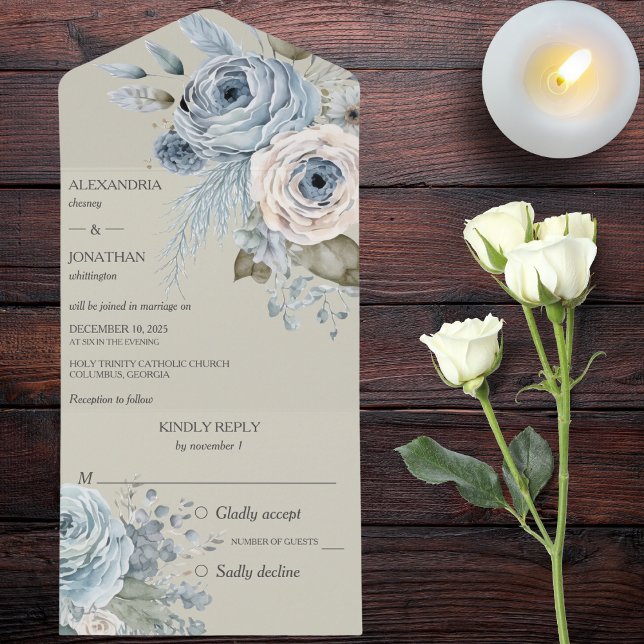 Invitation Tout En Un Flore d'hiver bleu glace sur Sage Green (Also available with QR code. )