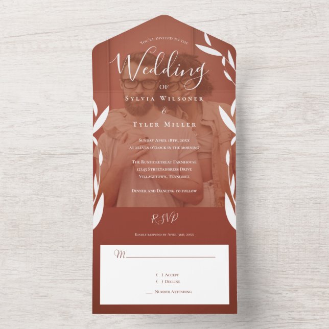 Invitation Tout En Un Foliage Photo Mariage Brown (À l'intérieur)