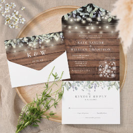 Invitation Tout En Un Folitique rustique Mason Jars Lumières Monogramme 