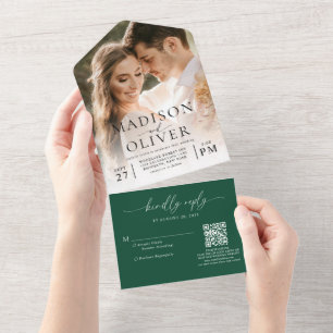 Invitation Tout En Un Forest Green Elegant Classic QR Code Mariage photo
