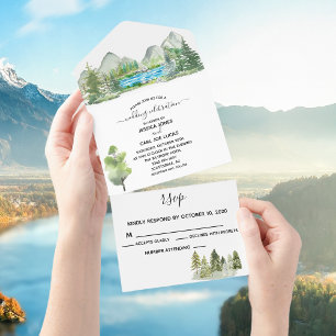 Invitation Tout En Un Forêt de mariage Aquarelle Rivière Montagne Extéri