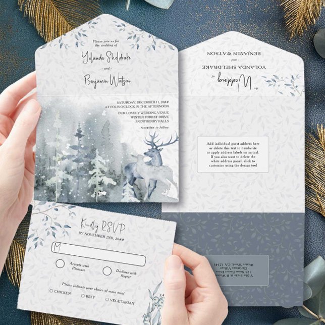 Invitation Tout En Un Forêt de neige et Mariage d'aquarelle de cerf d'hi (All in One Wedding Invitation with RSVP from the Snow Forest wedding collection by Darling & May)