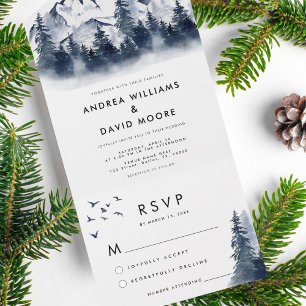 Invitation Tout En Un Forêt d'hiver rustique tout en un Mariage bleu