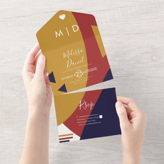 Invitation Tout En Un Formes Géométriques Navy Moutarde Mariage  (Déchirure)