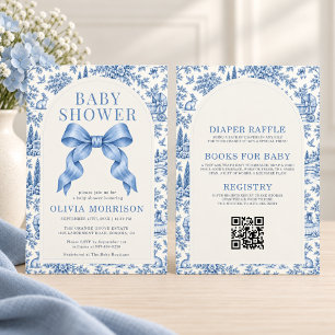 Invitation Tout en Un French Toile Bleu Ruban Garçon Baby Sho