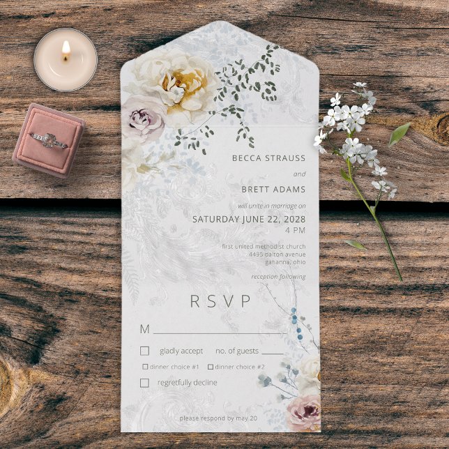 Invitation Tout En Un Frosty Winter Pastel Floral Moderne Dîner (Also available with a QR code or without dinner selection options.)