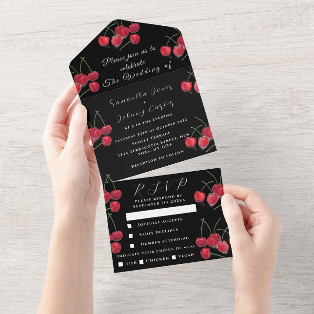 Invitation Tout En Un Fruit de cerises rouges Elégant Mariage rustique N (Déchirure)