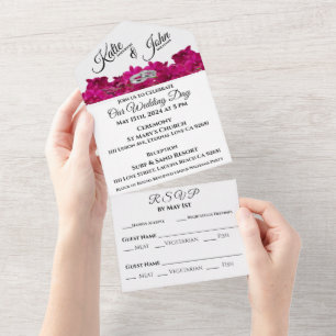 Invitation Tout En Un Fuchsia Orchidées sur le Mariage photo blanc-