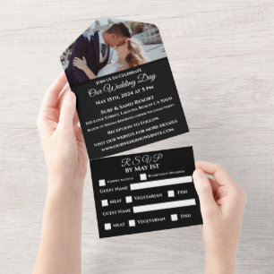 Invitation Tout En Un Fuchsia Orchidées sur Mariage photo noir-