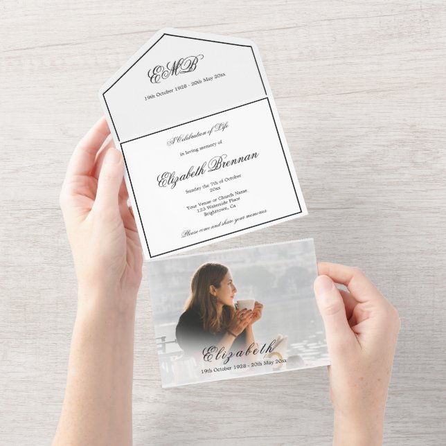 Invitation Tout En Un Funéraire Photo Mémorial Simple Élégant (Déchirure)