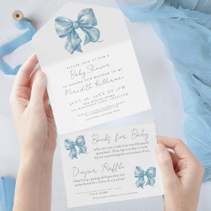 Invitation Tout En Un Garçon Ruban Aquarelle Bleu Nœud Baby Shower
