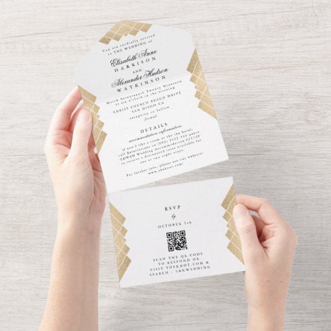 Invitation Tout En Un Gatsby noir blanc QR CODE RSVP Mariage (Déchirure)