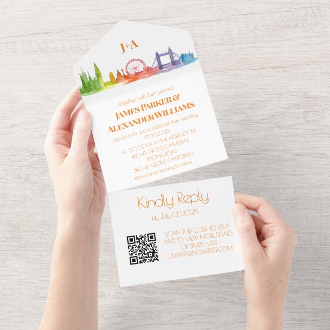 Invitation Tout En Un Gay Rainbow Mariage LGBT Pride RSVP QR Code (Déchirure)