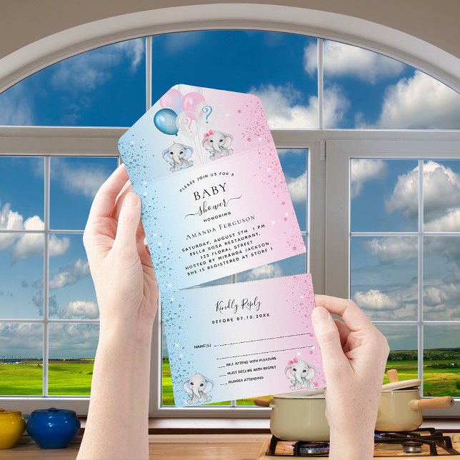 Invitation Tout En Un Genre révéler baby shower bleu rose éléphants RSVP (Créateur téléchargé)